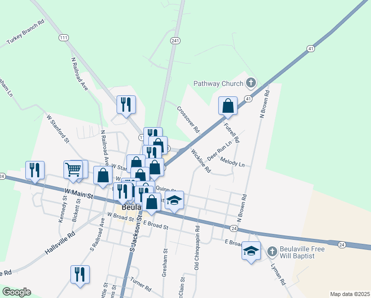 map of restaurants, bars, coffee shops, grocery stores, and more near Highway 111 in Beulaville