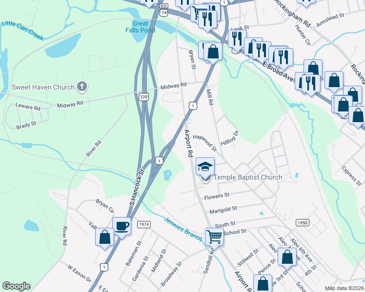 map of restaurants, bars, coffee shops, grocery stores, and more near 710 South Caroline Street in Rockingham