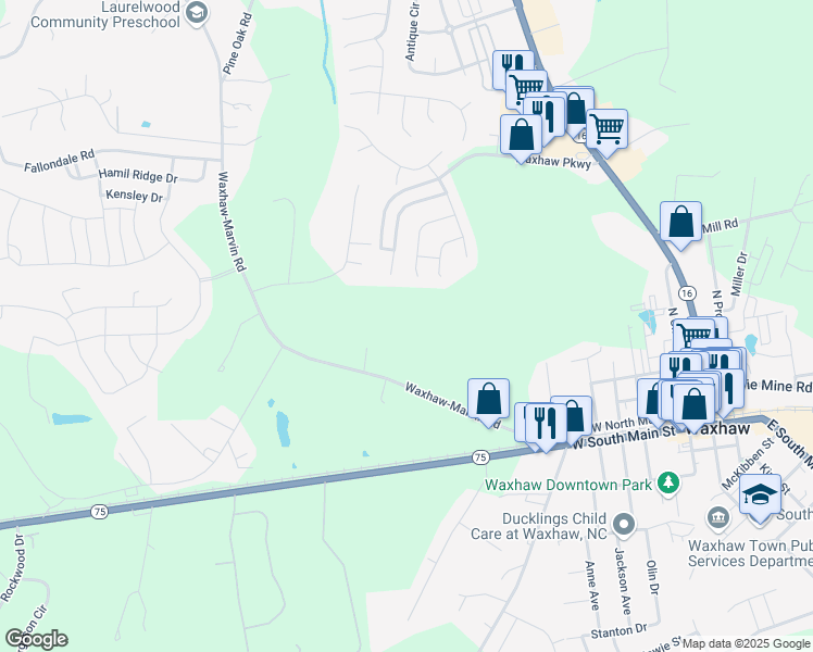map of restaurants, bars, coffee shops, grocery stores, and more near 5325 Waxhaw-Marvin Road in Waxhaw