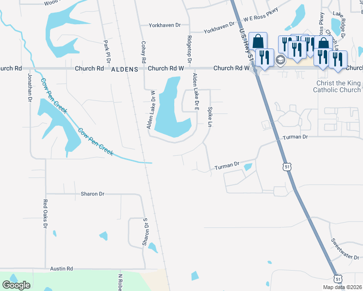 map of restaurants, bars, coffee shops, grocery stores, and more near 4616 Alden Lake Drive West in Horn Lake