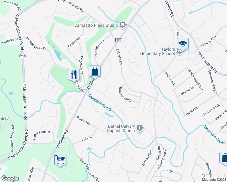map of restaurants, bars, coffee shops, grocery stores, and more near 105 Ginger Lane in Taylors