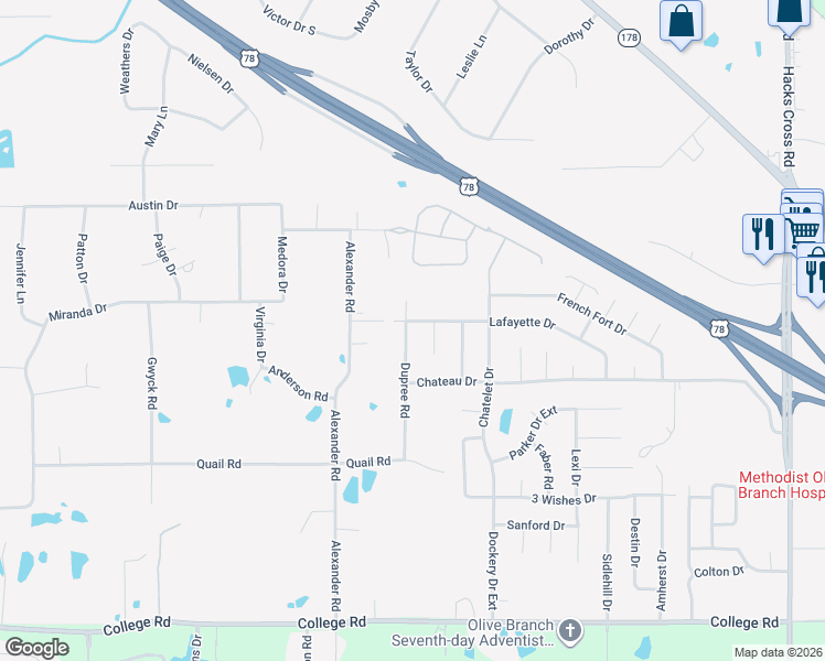 map of restaurants, bars, coffee shops, grocery stores, and more near 4650 Dupree Road in Olive Branch