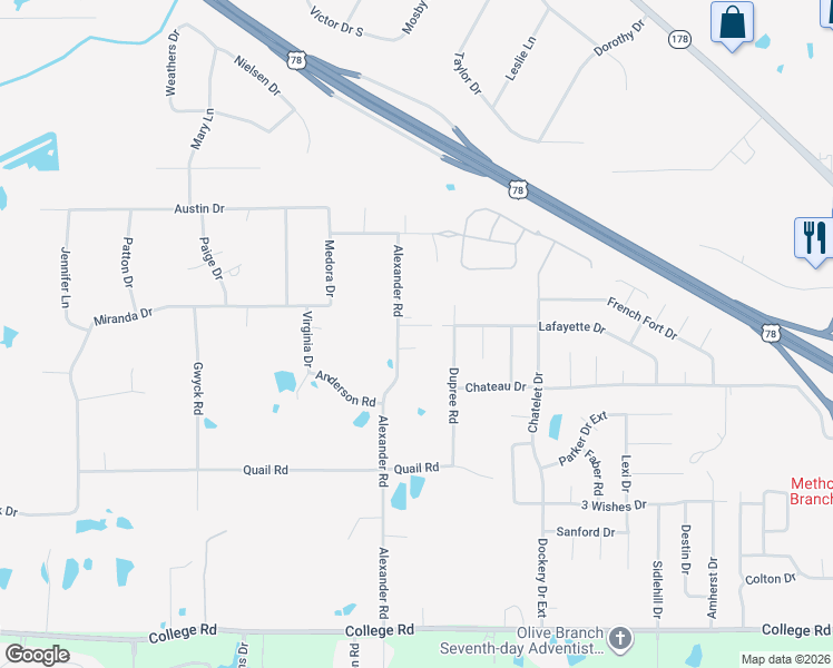 map of restaurants, bars, coffee shops, grocery stores, and more near 4630 Alexander Road in Olive Branch