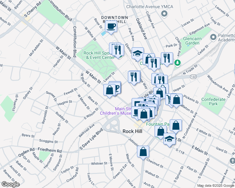 map of restaurants, bars, coffee shops, grocery stores, and more near 137 West Main Street in Rock Hill