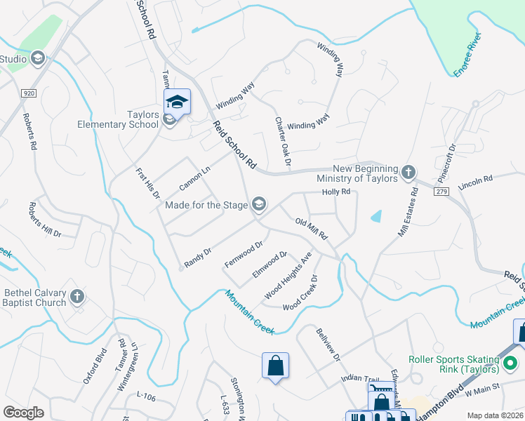 map of restaurants, bars, coffee shops, grocery stores, and more near 406 Holly Road in Taylors