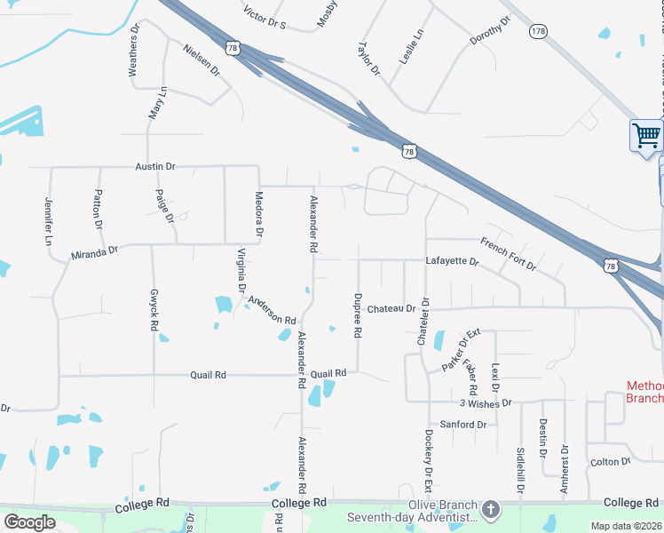 map of restaurants, bars, coffee shops, grocery stores, and more near 4630 Alexander Road in Olive Branch