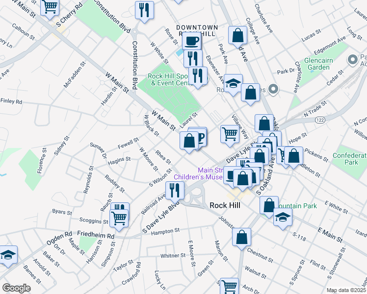 map of restaurants, bars, coffee shops, grocery stores, and more near in Rock Hill