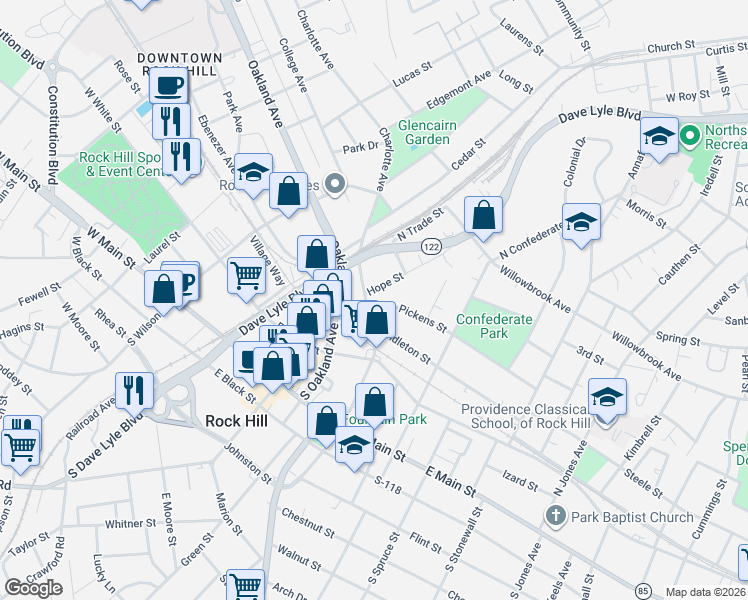 map of restaurants, bars, coffee shops, grocery stores, and more near 301B Pendleton Street in Rock Hill