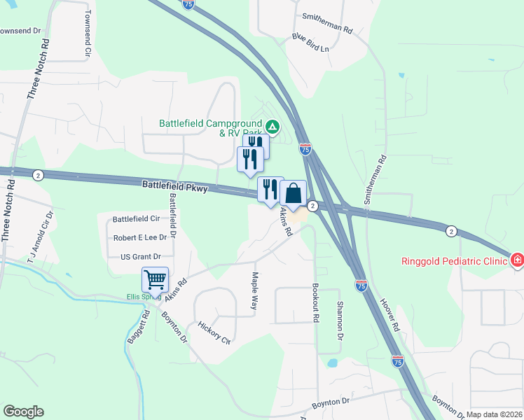 map of restaurants, bars, coffee shops, grocery stores, and more near 23 Knollwood Drive in Ringgold