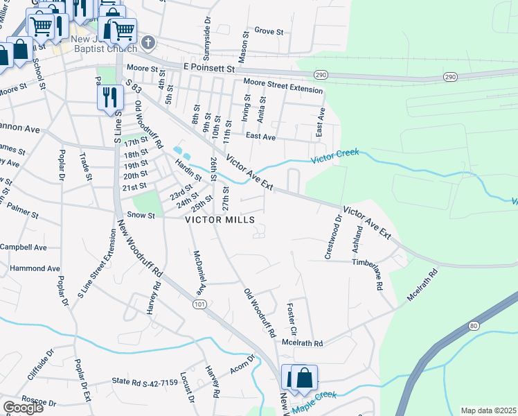 map of restaurants, bars, coffee shops, grocery stores, and more near 144 Victor Avenue in Greer