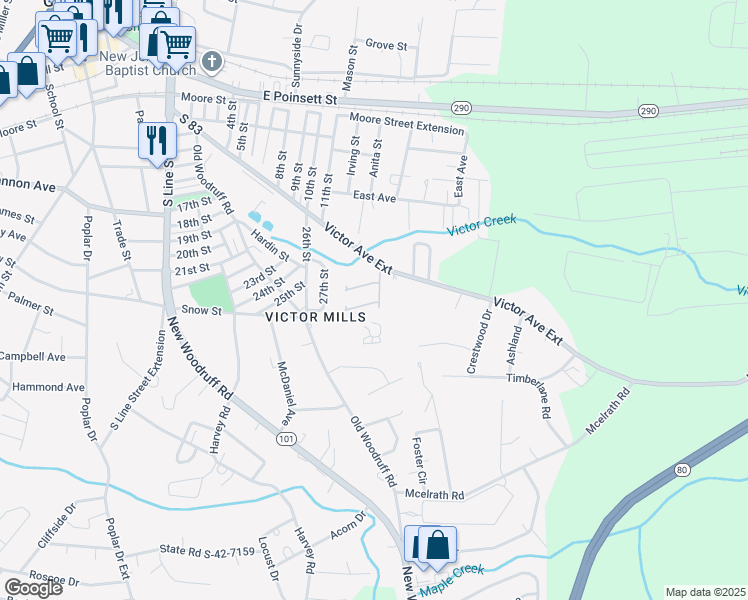 map of restaurants, bars, coffee shops, grocery stores, and more near 144 Victor Avenue in Greer