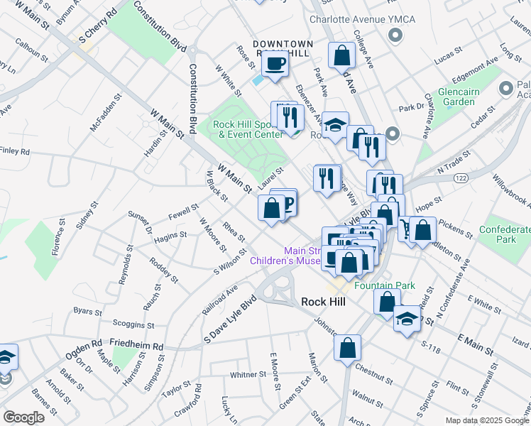 map of restaurants, bars, coffee shops, grocery stores, and more near in Rock Hill