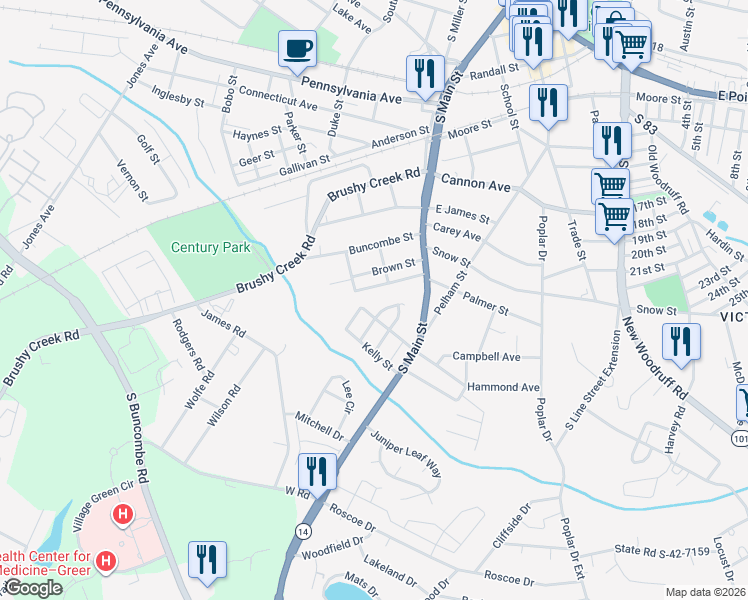 map of restaurants, bars, coffee shops, grocery stores, and more near 3 Winjay Court in Greer