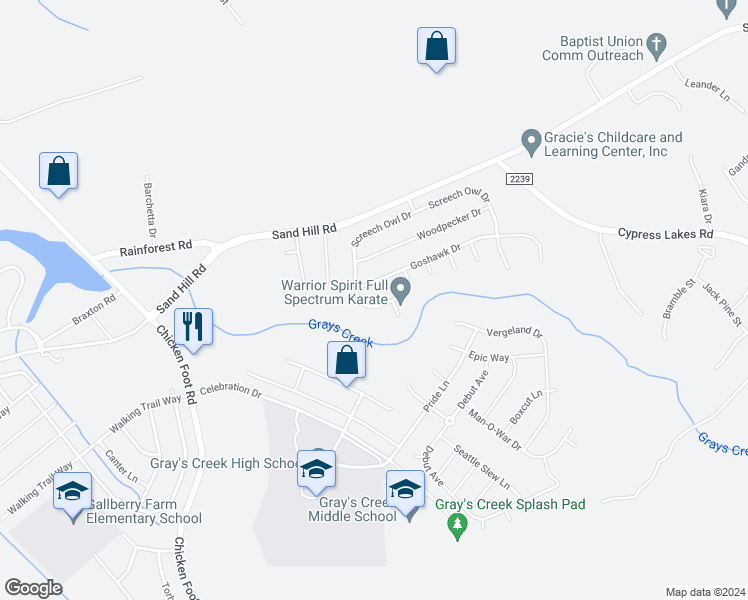 map of restaurants, bars, coffee shops, grocery stores, and more near 848 Screech Owl Drive in Hope Mills