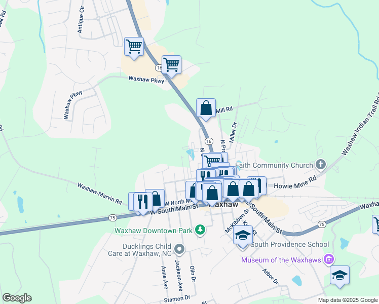 map of restaurants, bars, coffee shops, grocery stores, and more near 300 North Broad Street in Waxhaw
