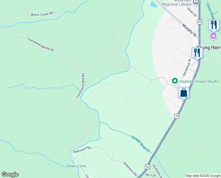 map of restaurants, bars, coffee shops, grocery stores, and more near 5603 Mountain Valley Way in Young Harris