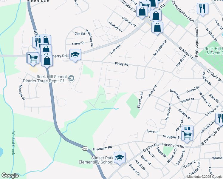 map of restaurants, bars, coffee shops, grocery stores, and more near 145 Brownstone Drive in Rock Hill