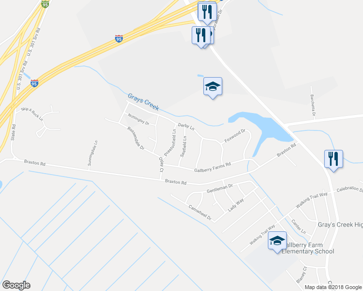 map of restaurants, bars, coffee shops, grocery stores, and more near 5632 Seafield Lane in Hope Mills