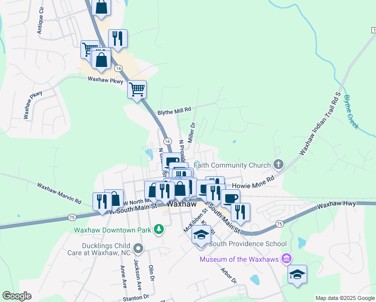 map of restaurants, bars, coffee shops, grocery stores, and more near 520 North Providence Street in Waxhaw