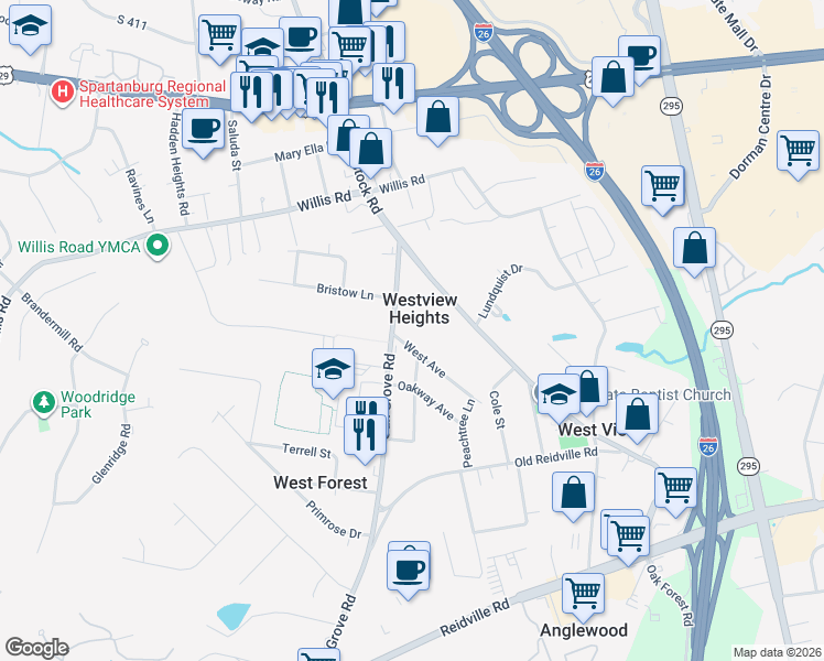 map of restaurants, bars, coffee shops, grocery stores, and more near 345 Oak Grove Road in Spartanburg