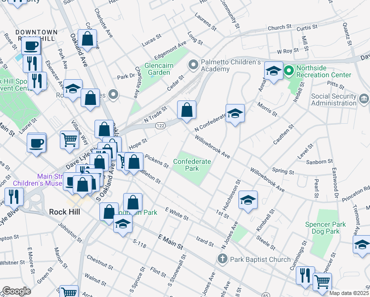 map of restaurants, bars, coffee shops, grocery stores, and more near 407 Jackson Street in Rock Hill