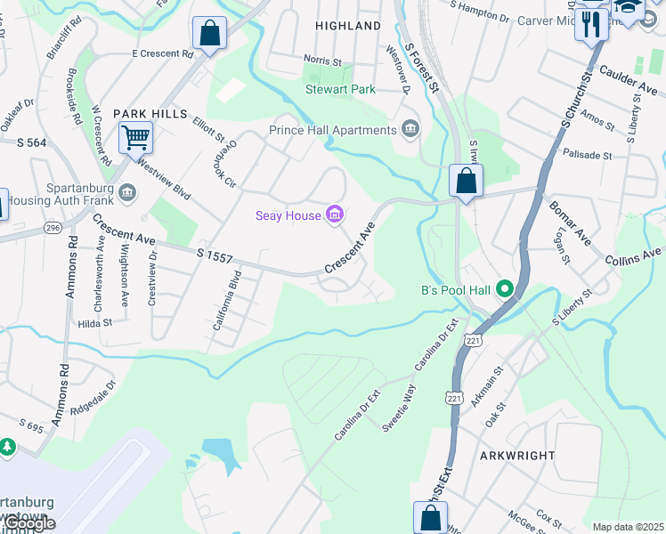 map of restaurants, bars, coffee shops, grocery stores, and more near Crescent Avenue in Spartanburg
