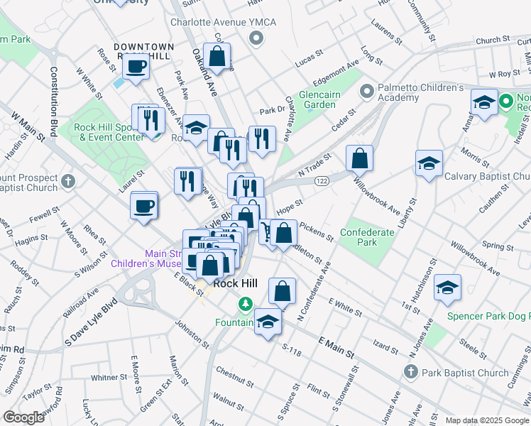 map of restaurants, bars, coffee shops, grocery stores, and more near 25 Oakland Avenue in Rock Hill