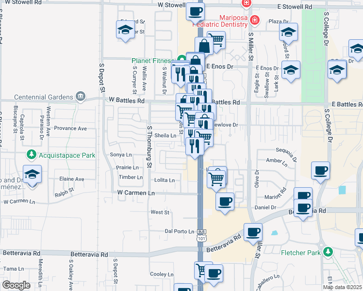 map of restaurants, bars, coffee shops, grocery stores, and more near 200 Sheila Lane in Santa Maria