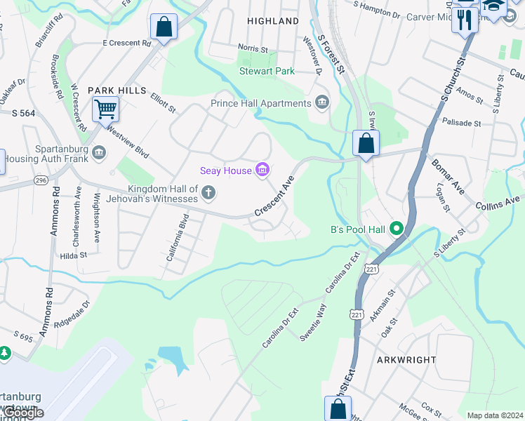 map of restaurants, bars, coffee shops, grocery stores, and more near Crescent Avenue in Spartanburg
