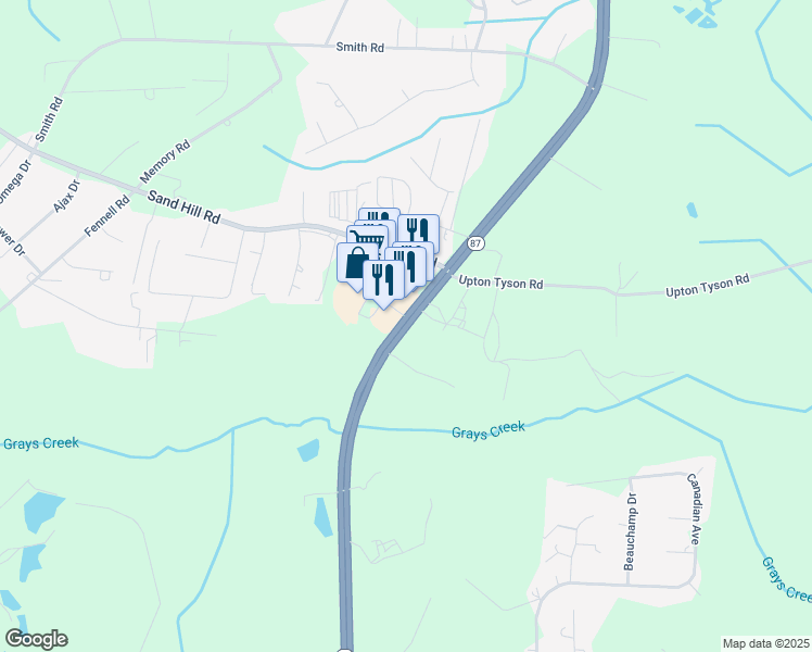 map of restaurants, bars, coffee shops, grocery stores, and more near 5102 North Carolina 87 in Hope Mills