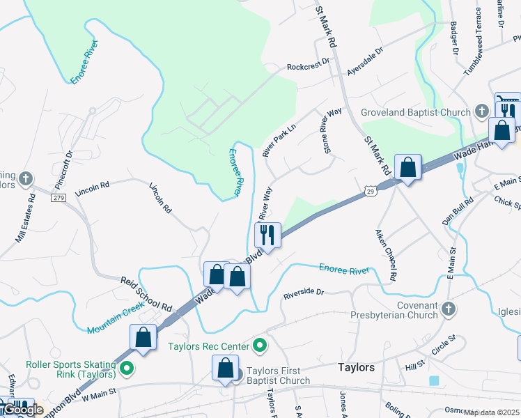 map of restaurants, bars, coffee shops, grocery stores, and more near 215 Wood River Way in Taylors