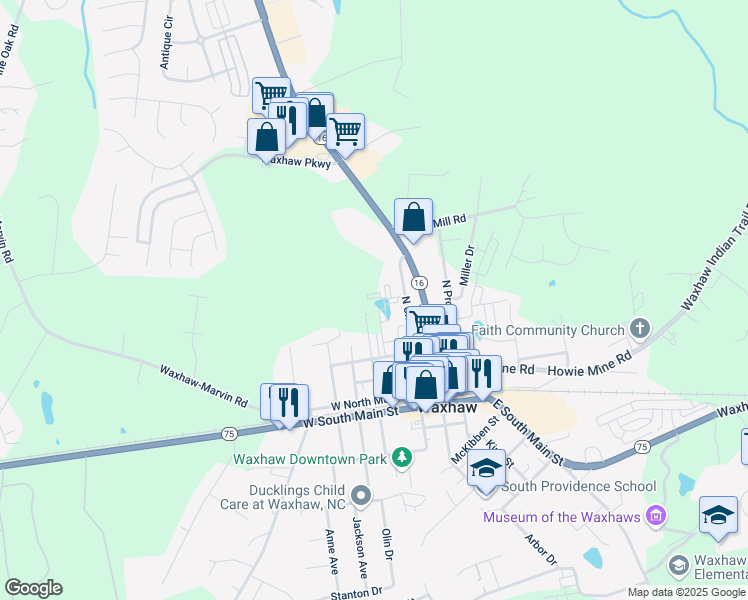 map of restaurants, bars, coffee shops, grocery stores, and more near 242 Price Street in Waxhaw