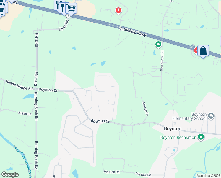 map of restaurants, bars, coffee shops, grocery stores, and more near 342 Joe-Tike Drive in Ringgold