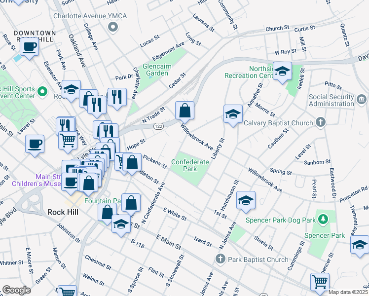 map of restaurants, bars, coffee shops, grocery stores, and more near 510 North Confederate Avenue in Rock Hill