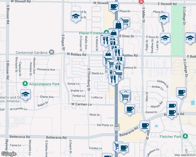 map of restaurants, bars, coffee shops, grocery stores, and more near 1745 South Lincoln Street in Santa Maria
