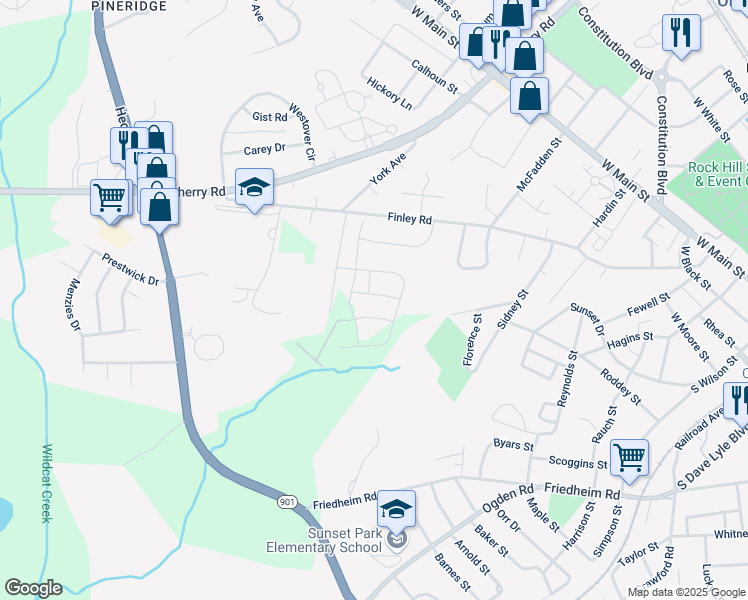 map of restaurants, bars, coffee shops, grocery stores, and more near 145 Brownstone Drive in Rock Hill
