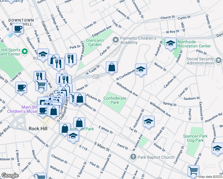 map of restaurants, bars, coffee shops, grocery stores, and more near 521 North Confederate Avenue in Rock Hill