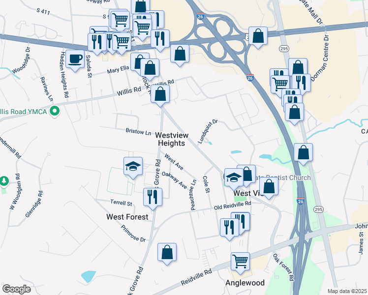 map of restaurants, bars, coffee shops, grocery stores, and more near 162 South Blackstock Road in Spartanburg