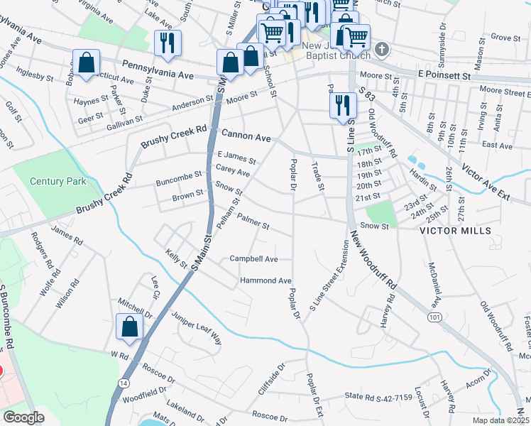 map of restaurants, bars, coffee shops, grocery stores, and more near 217 Snow Street in Greer