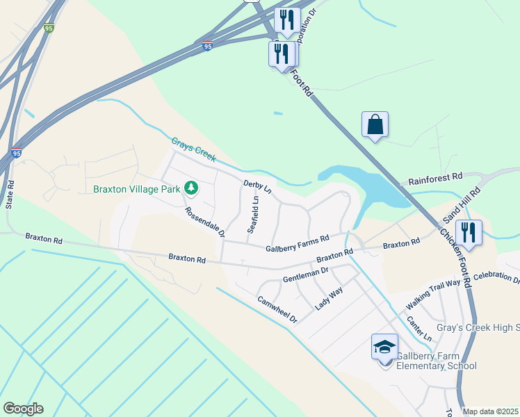 map of restaurants, bars, coffee shops, grocery stores, and more near 5625 Seafield Lane in Hope Mills
