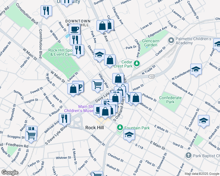 map of restaurants, bars, coffee shops, grocery stores, and more near 215 Chatham Avenue in Rock Hill