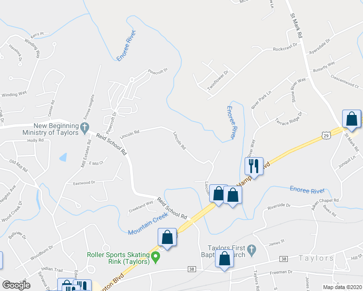 map of restaurants, bars, coffee shops, grocery stores, and more near 121 Lincoln Road in Taylors
