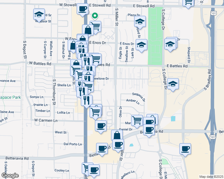 map of restaurants, bars, coffee shops, grocery stores, and more near 360 East Newlove Drive in Santa Maria