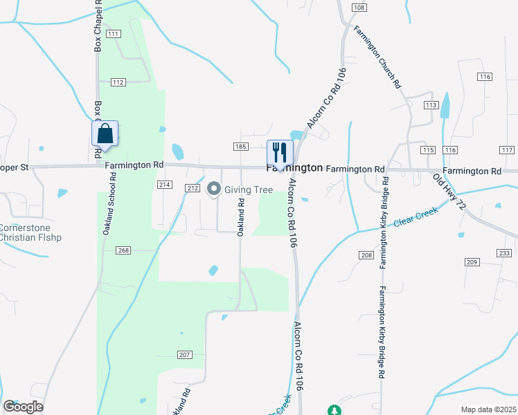 map of restaurants, bars, coffee shops, grocery stores, and more near 139-157 Oakland Road in Corinth