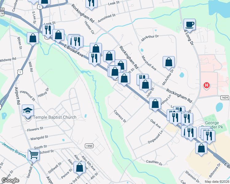 map of restaurants, bars, coffee shops, grocery stores, and more near 726 Pickett Street in Rockingham