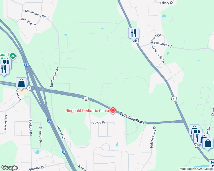 map of restaurants, bars, coffee shops, grocery stores, and more near 26 Hillside Drive in Ringgold