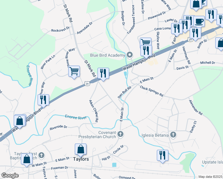 map of restaurants, bars, coffee shops, grocery stores, and more near 64 Saint Mark Road in Taylors