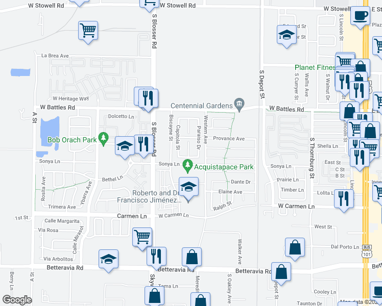 map of restaurants, bars, coffee shops, grocery stores, and more near 1734 Adler Court in Santa Maria