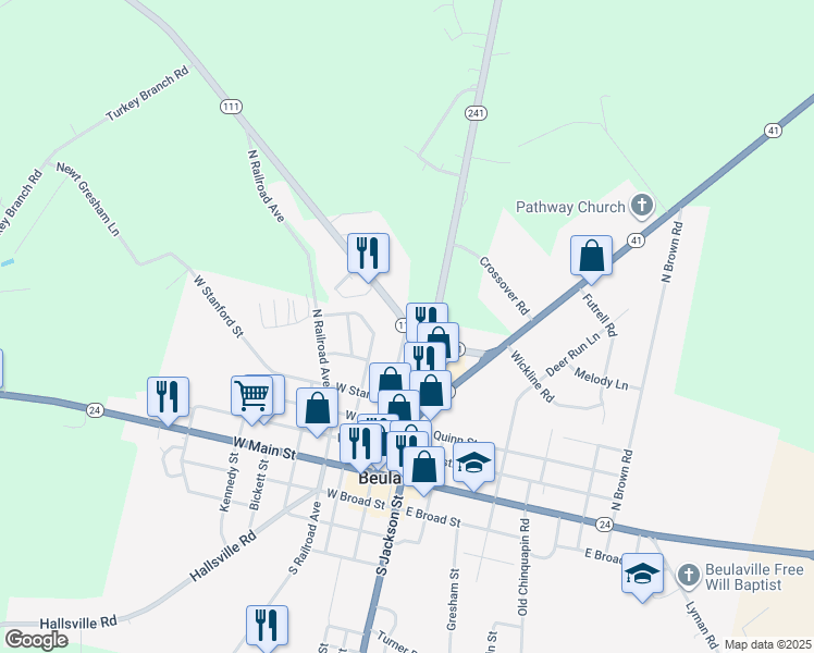 map of restaurants, bars, coffee shops, grocery stores, and more near Highway 111 in Beulaville