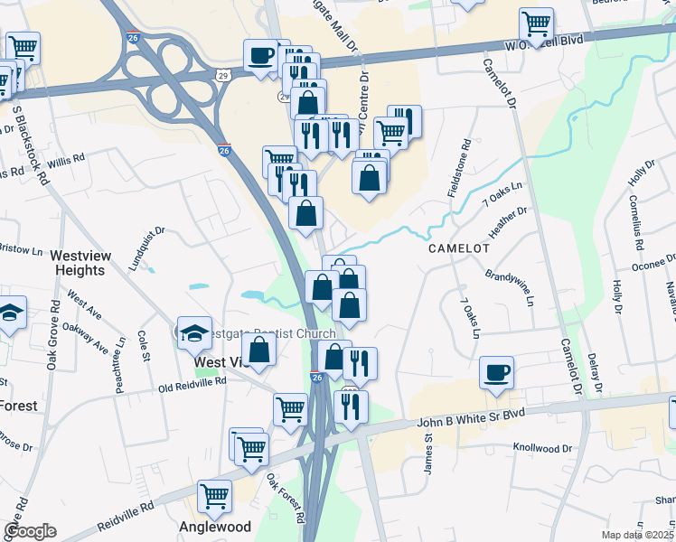 map of restaurants, bars, coffee shops, grocery stores, and more near 1000 Hunt Club Lane in Spartanburg